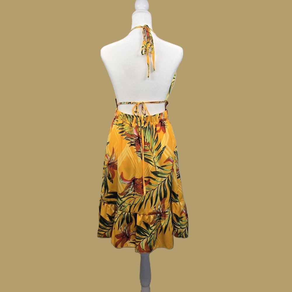 Yellow Floral Halter Dress Tropical Print Open Back Ruffle Bottom - Picture 4 of 9